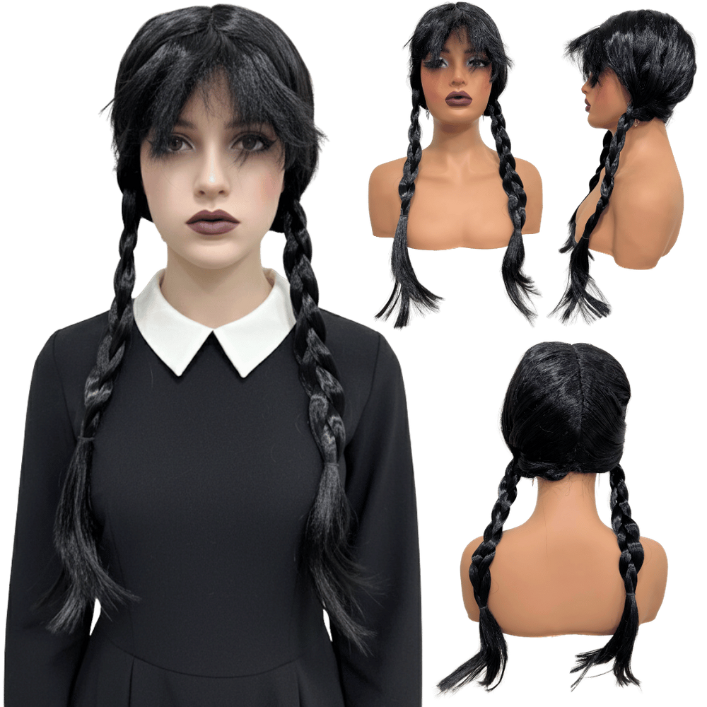 Peruca Wandinha da família Addams preta trançada c/ franja