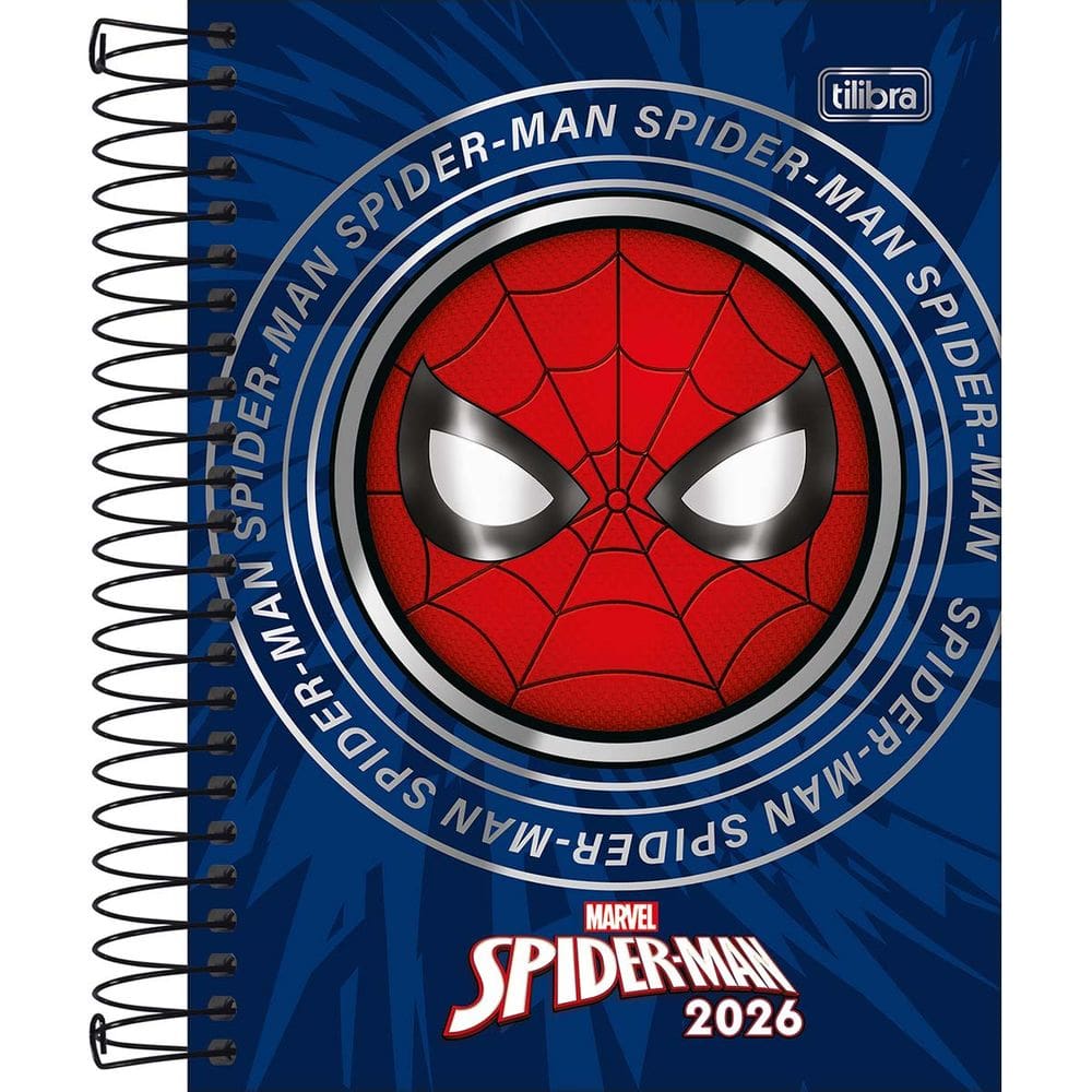 Tilibra - Agenda Espiral Diária 11,7 x 16,4 cm Spider-Man 2026 - Fundo Azul com Máscara