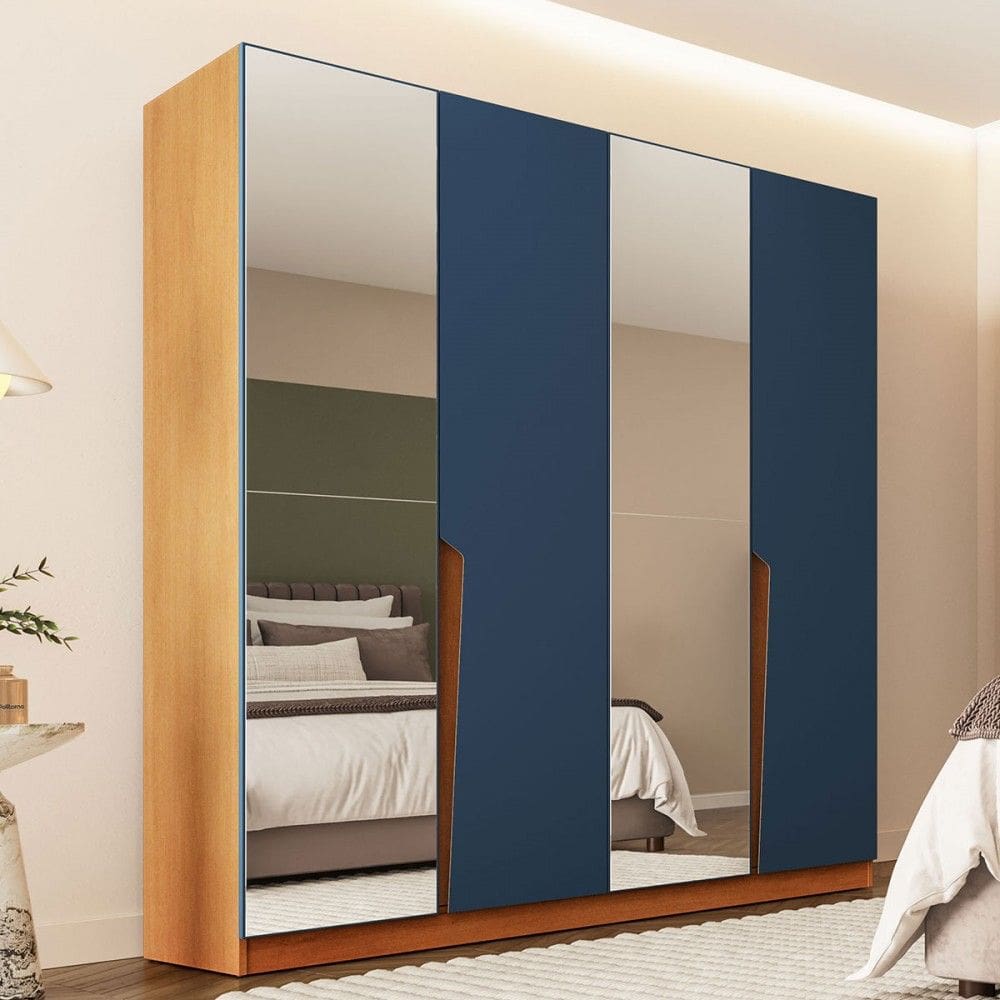 Guarda-Roupa Casal Porto 4 Portas 4 Gavetas com Espelho Freijó/Azul - Politorno
