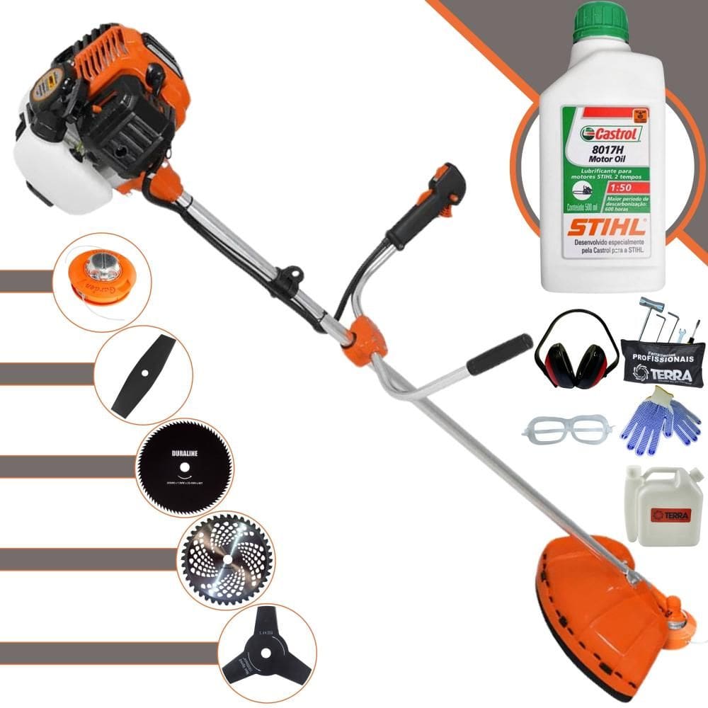 Roçadeira Aparador de Grama Lateral Terra GR520-XP À Gasolina 2T 52cc 2,5HP Robusta Com Carretel Nylon + Kit 4 Lâminas de Corte + ÓLEO STIHL 2T + EPI