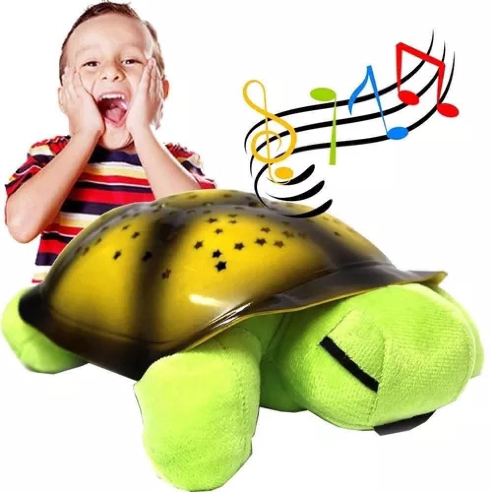 Abajur Tartaruga De Pelucia Infantil Projetor Estrelas Luz Led Musical Luminaria Nina Bebe Verde