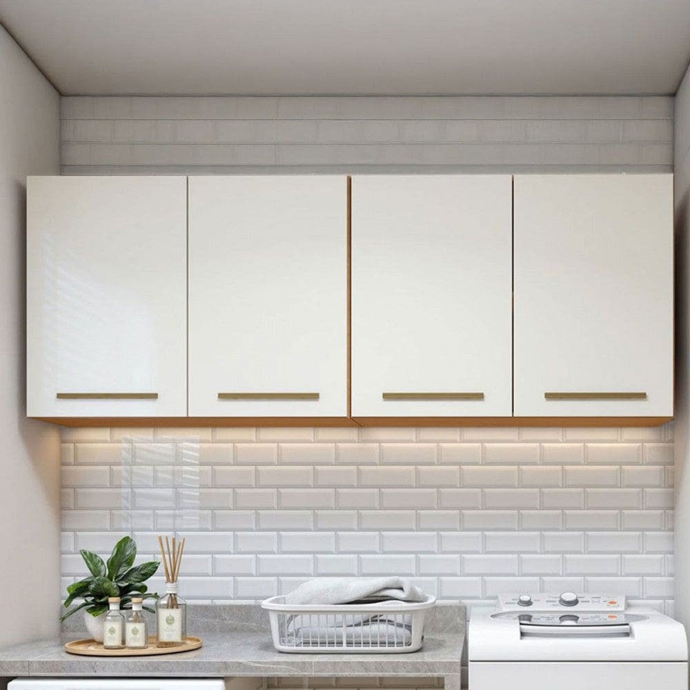 Armário Aéreo Lavanderia Guarapari 4 Portas Natural/Off White - Kaiki Móveis