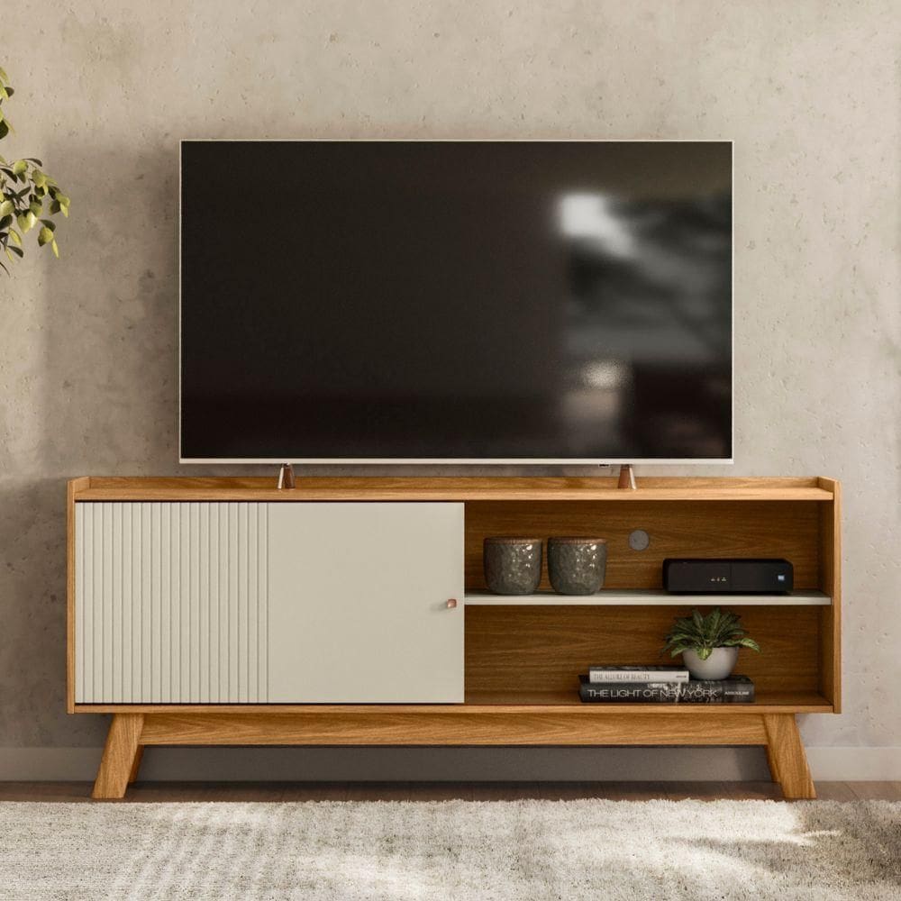Rack Para TV até 65” 1 Porta de Correr Nature/Off White Aurum Linea Brasil