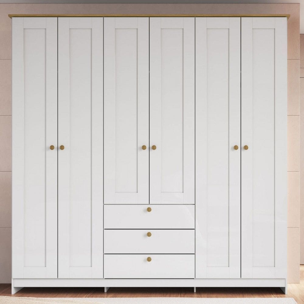 Guarda-Roupa Casal Americano 6 Portas 3 Gavetas Branco/Ipê - Decibal