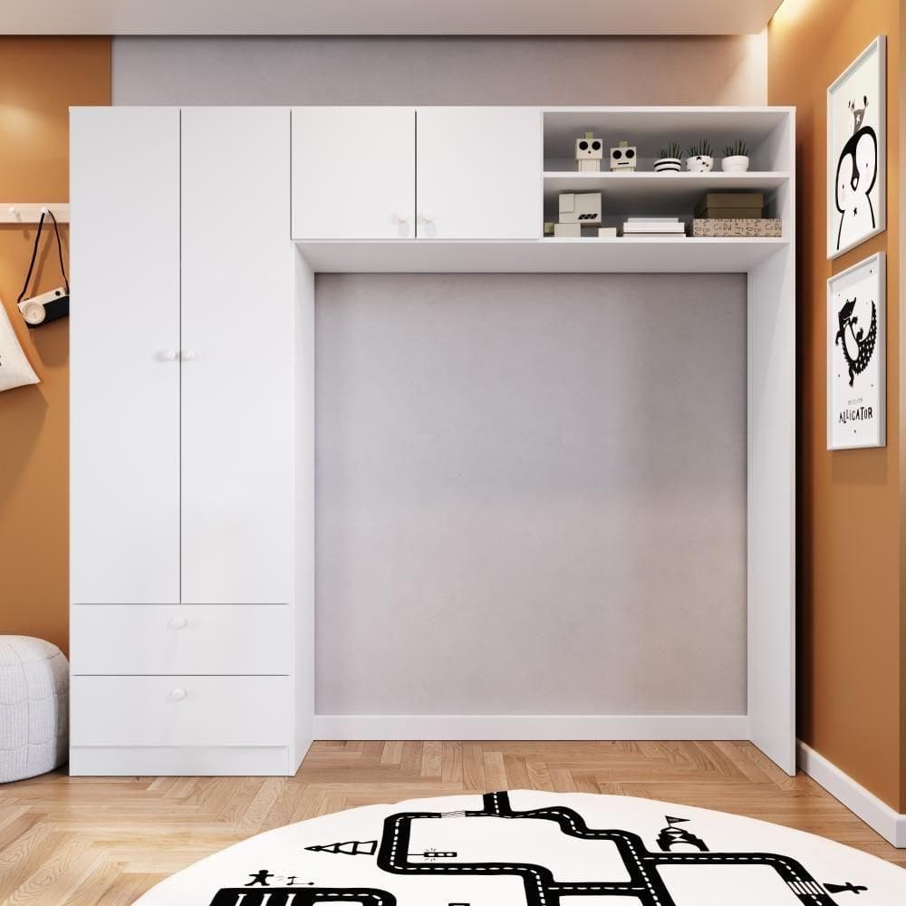 Guarda-roupa Infantil 4 Portas 2 Gavetas Nichos Prateleira Cabideiro Branco