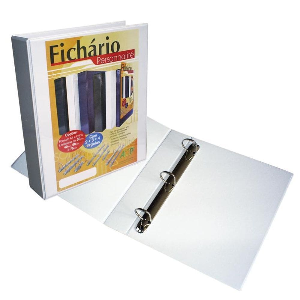 Fichário revestido com cristal A4 branco 45mm 3 argolas ACP