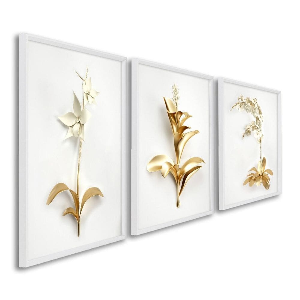 Quadros Decorativos Floral Delicado 3 Telas 60x90cm para Sala Quarto Lavabo Branco