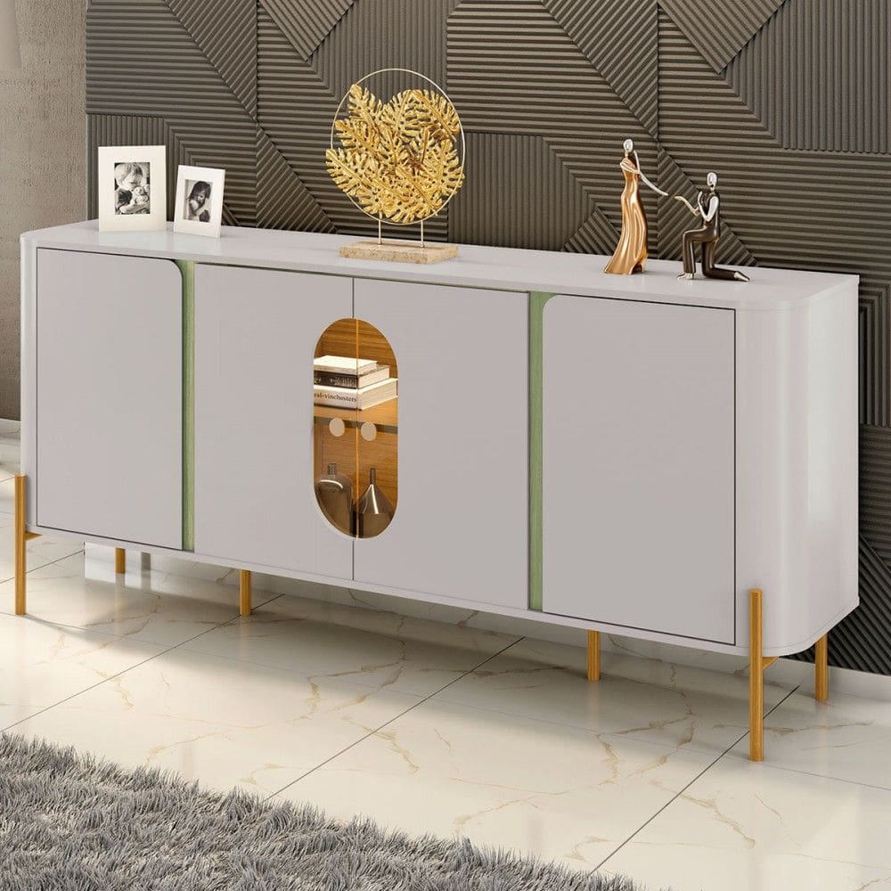 Balcão Buffet Tambaú 4 Portas 1 Prateleira com Vidro e Led Off White/Pistache - Móveis Bechara