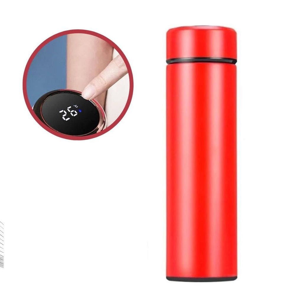 Garrafa Termica Inox 480Ml Com Display Lcd Termometro Copo Termico Medidor De Temperatura Vermelho Luxo