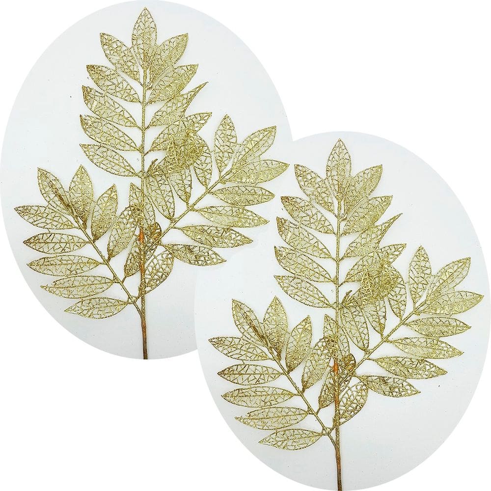 Plantas Folhas Decoração Natal Gliter Dourado 75cm Kit 10pçs