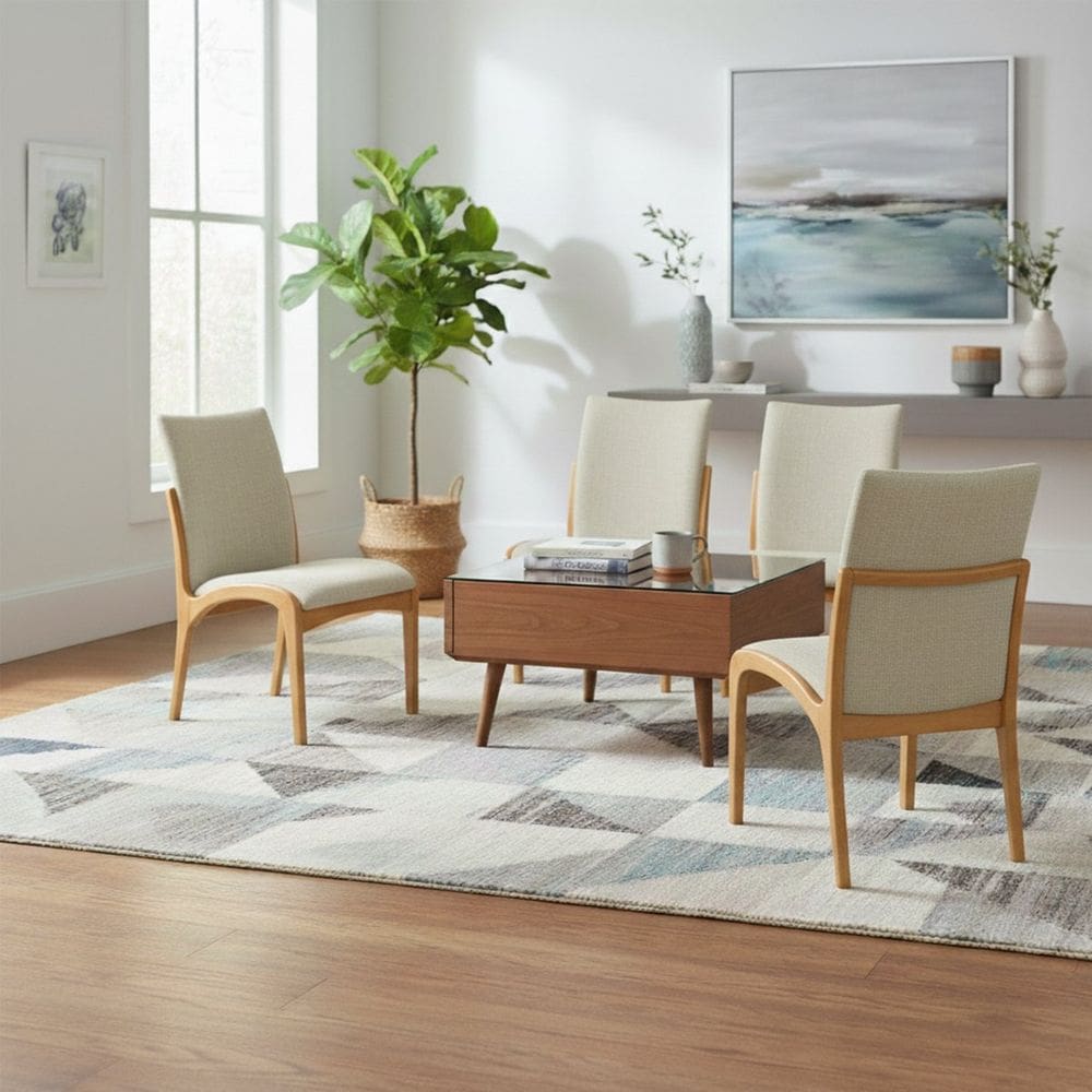 Kit 4 Cadeira Aura Estofada Estrutura Em Madeira Maciça Linho 25 Bege Conforto Para Sala De Jantar Mobília Decor