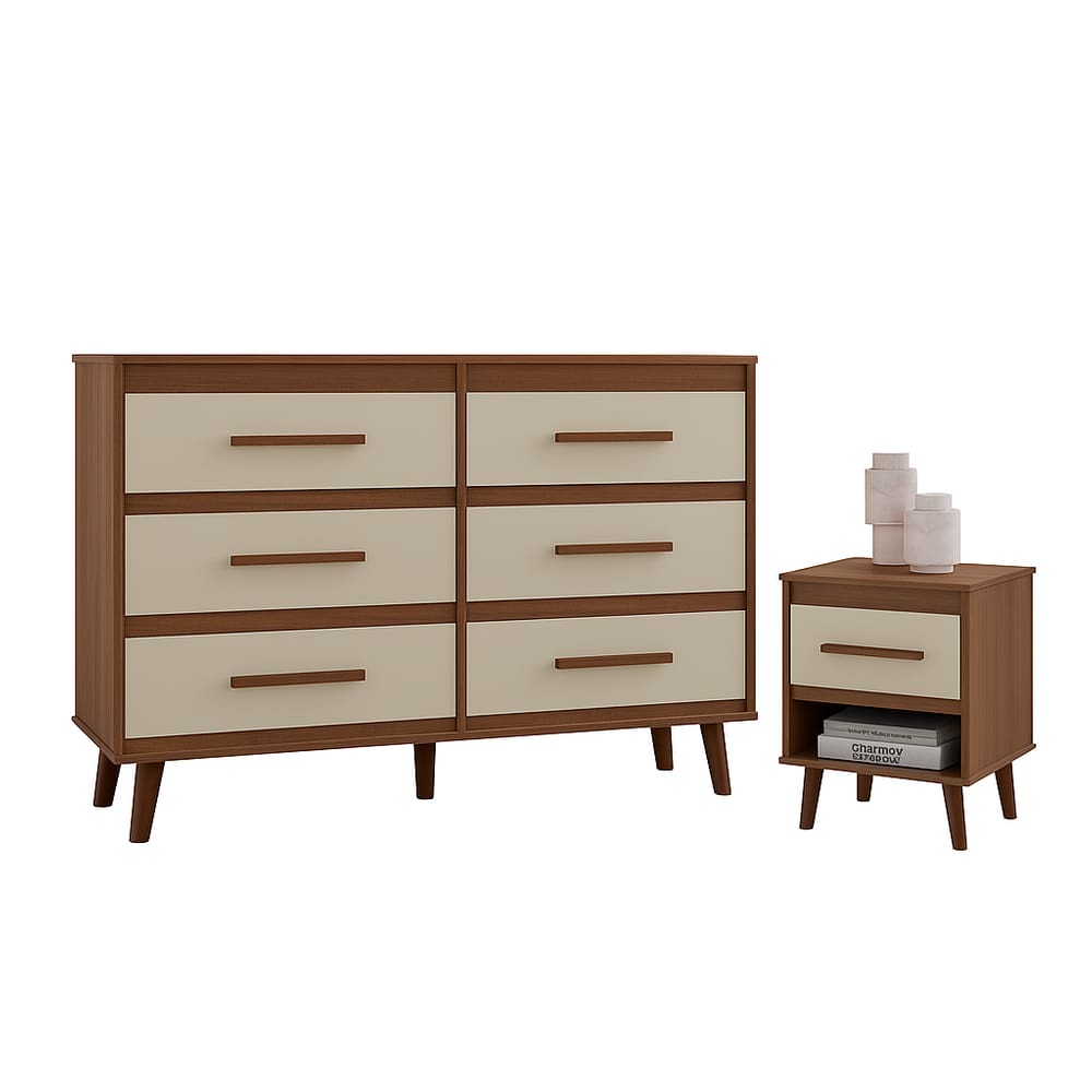 Cômoda 6 Gavetas Pé Palito e Mesa de Cabeceira 1 Gaveta Lima