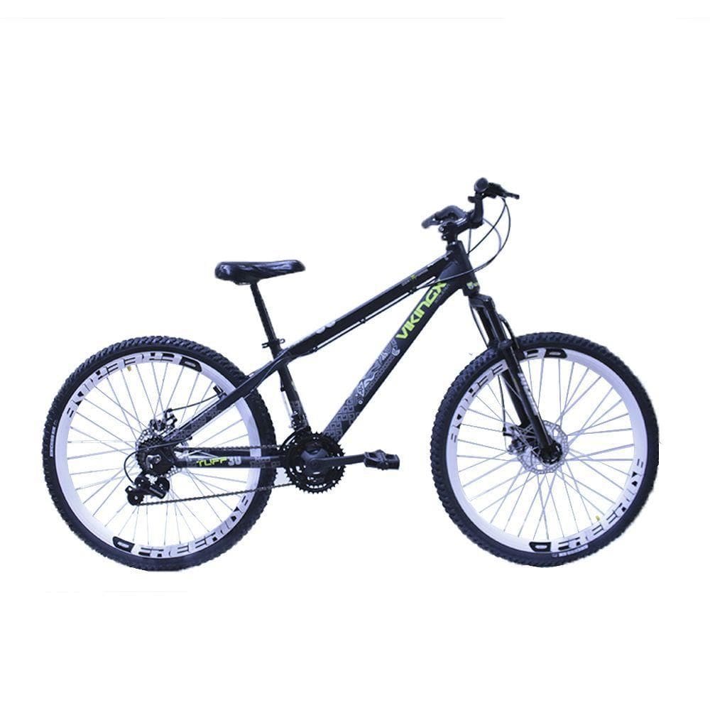 Bicicleta Viking Tuff 30 Freeride Aro 26 Freio A Disco Cambios Shimano Preto Amarelo Neon Aro Branco.