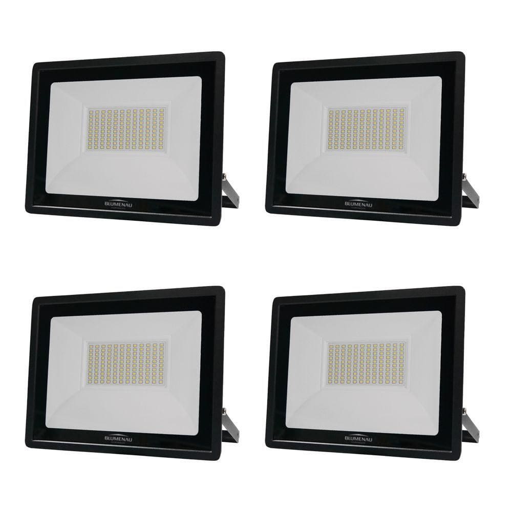 Kit 4 Refletor De Led Slim 100w Prova Dágua Preto Bivolt 6500k Frio
