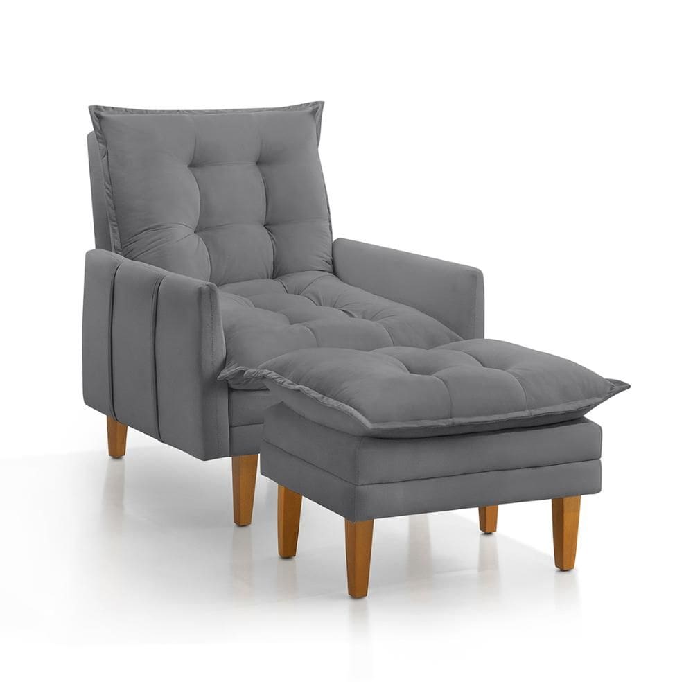 Poltrona Khali Reclinável com Puff Madeira Maciça em Veludo