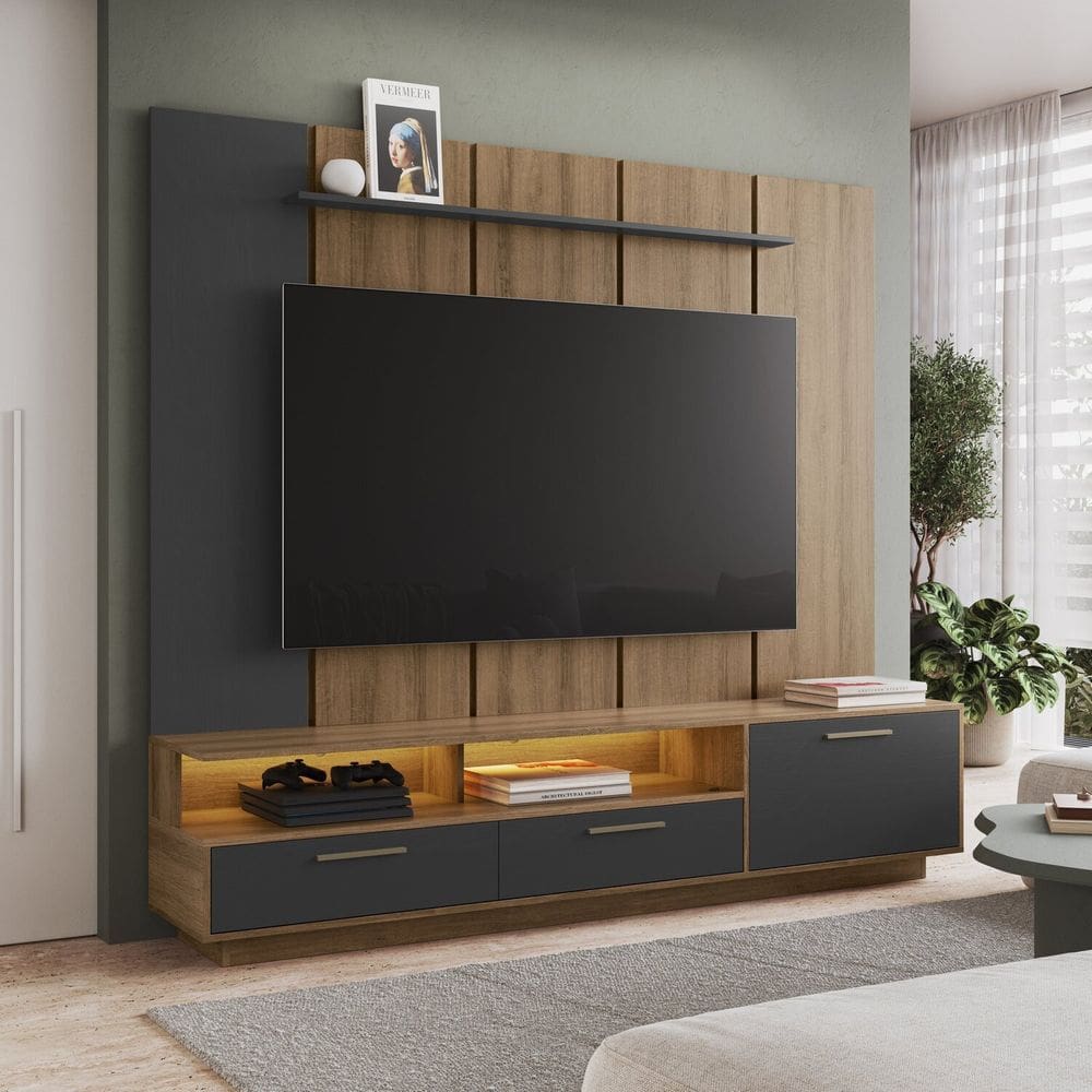 Rack com Painel para Tv 75 Polegadas com Iluminação Led Ravenna Grafite/Mel