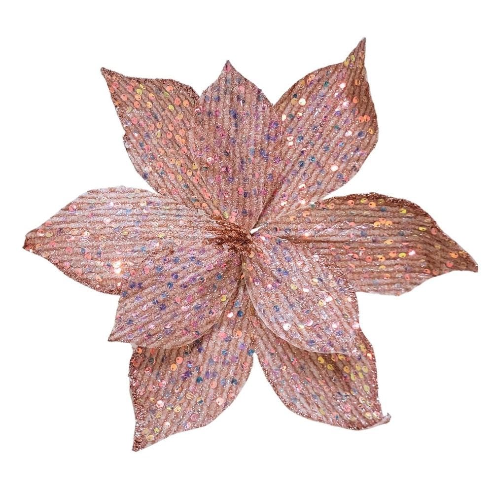 Flor Bico de Papagaio Pick Natalino Glitter e Lantejoulas Rosê Luxo 30cm