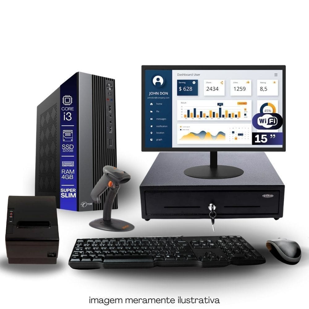Kit Automação PDV TOB i3 4GB SSD 120GB Win10 Rede S/Fio Teclado Mouse Monitor 15” Gvt. Dinheiro  Imp. Térmica Leitor Cód Barras
