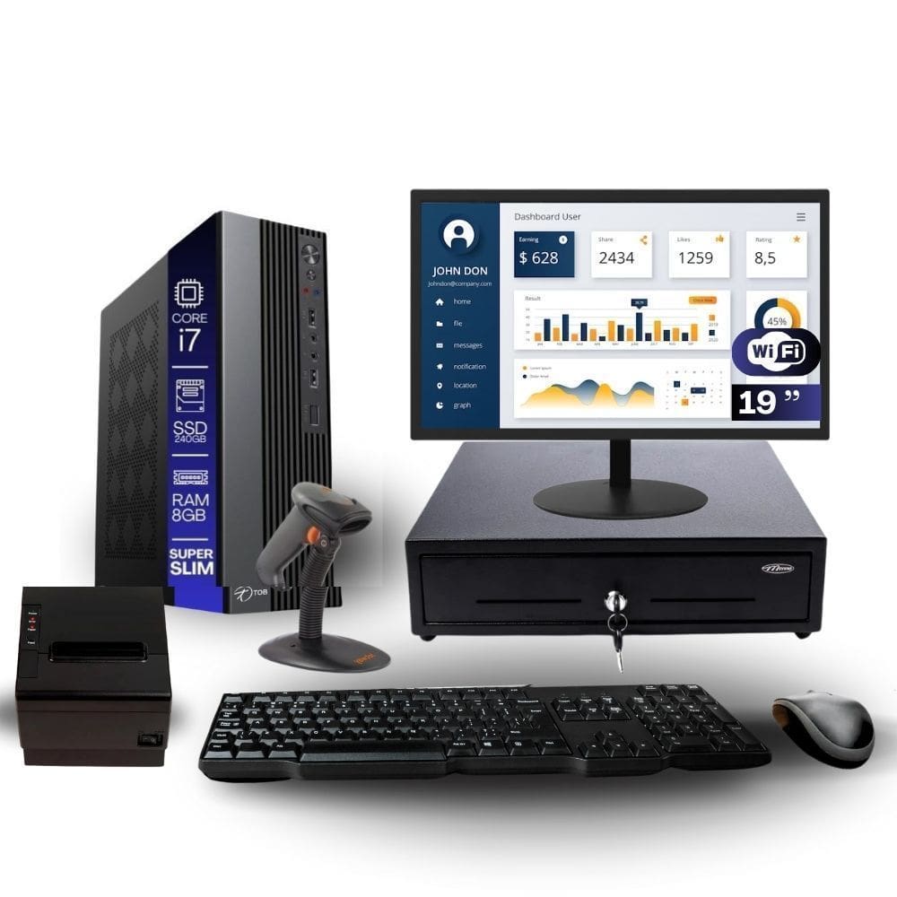 Kit Automação PDV TOB i7 8GB SSD 240GB Win10 Rede S/Fio Teclado Mouse Monitor 19” Gvt. Dinheiro  Imp. Térmica Leitor Cód Barras
