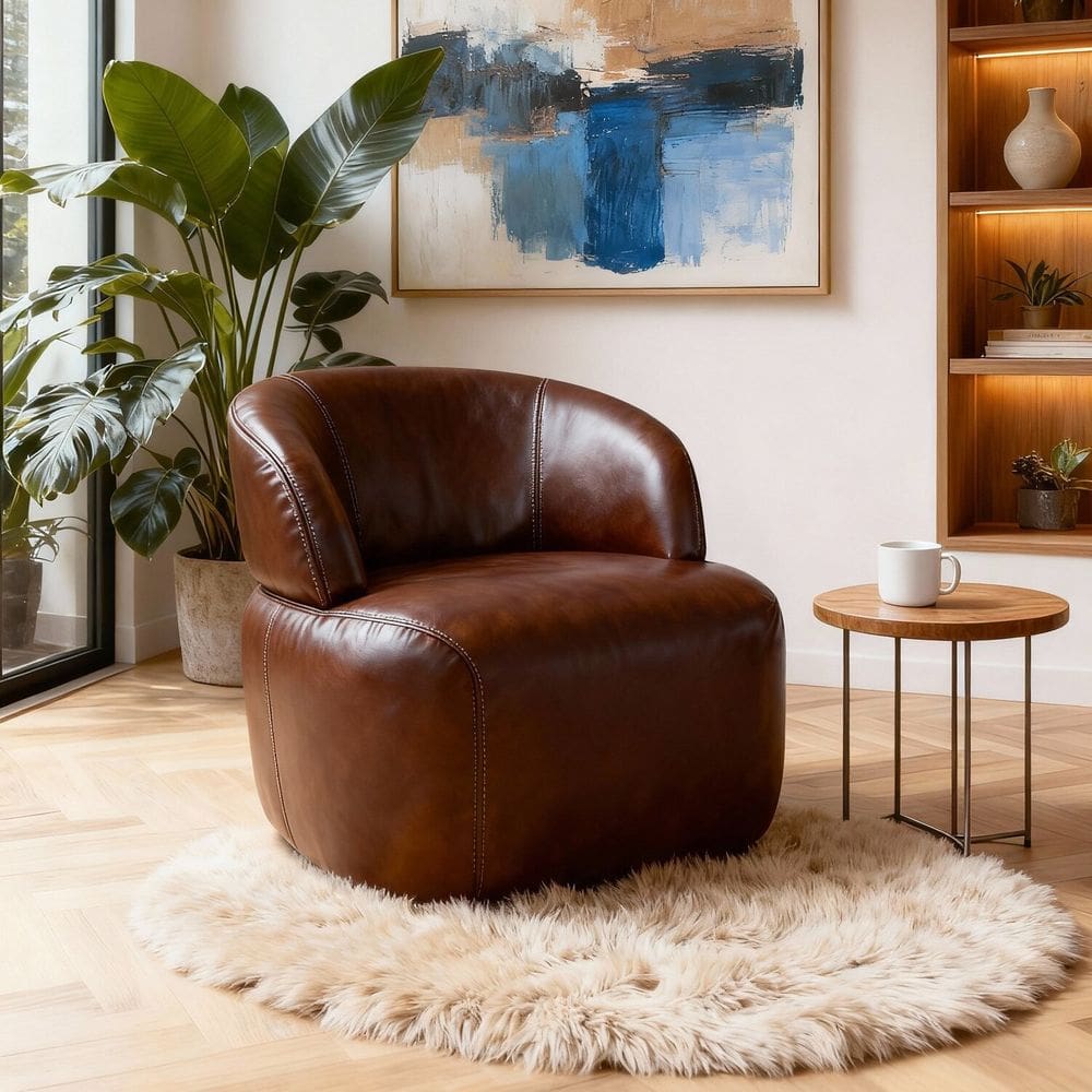 Poltrona de Couro Legítimo Giratória Luna Camel