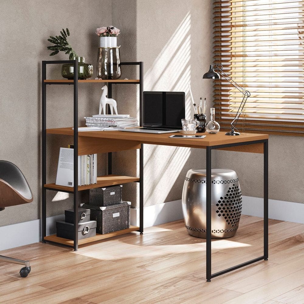 Mesa para Escritório com Estante 3 Prateleiras Industrial Canela/Preto Fosco