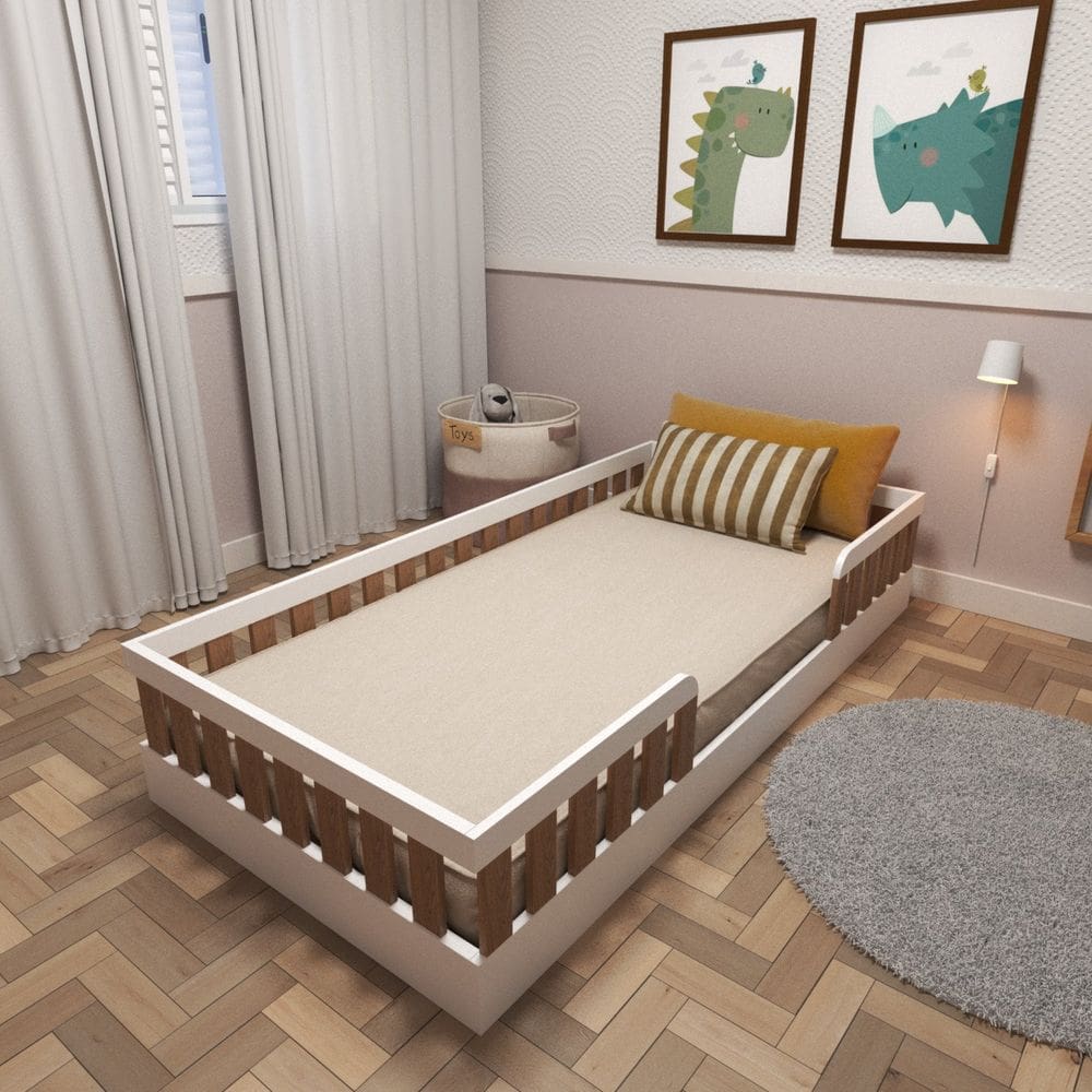 Cama Infantil Montessoriana Solteiro Sol Branco/Carvalho Mel