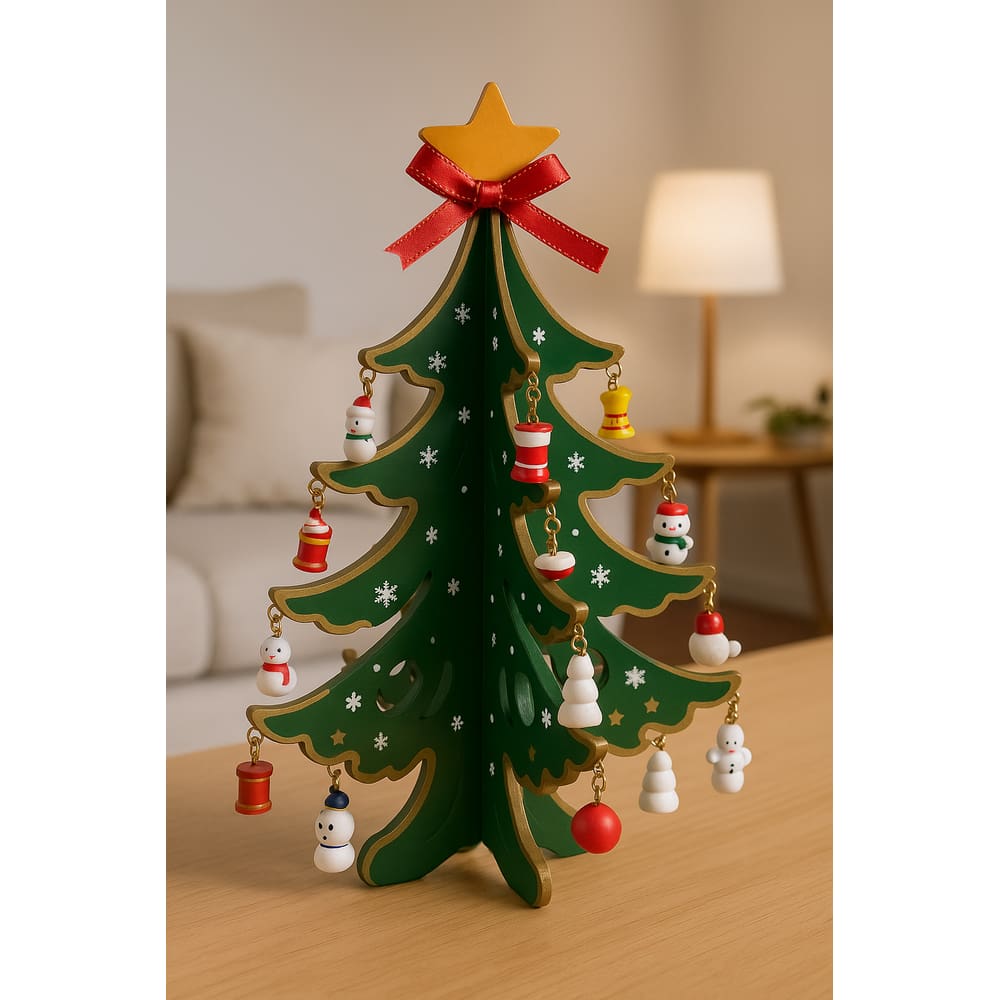 Enfeite Árvore de Natal Decorativa em Madeira com Pingentes Natalinos 21cm
