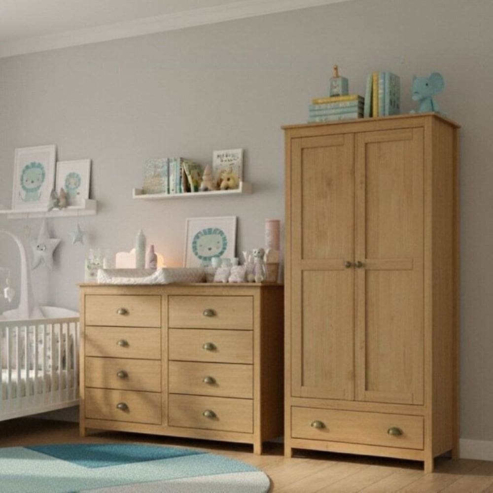 Conjunto Infantil Guarda-Roupa 2 Portas e Cômoda 8 Gavetas 100% Madeira Maciça - Topázio Finestra Freijó