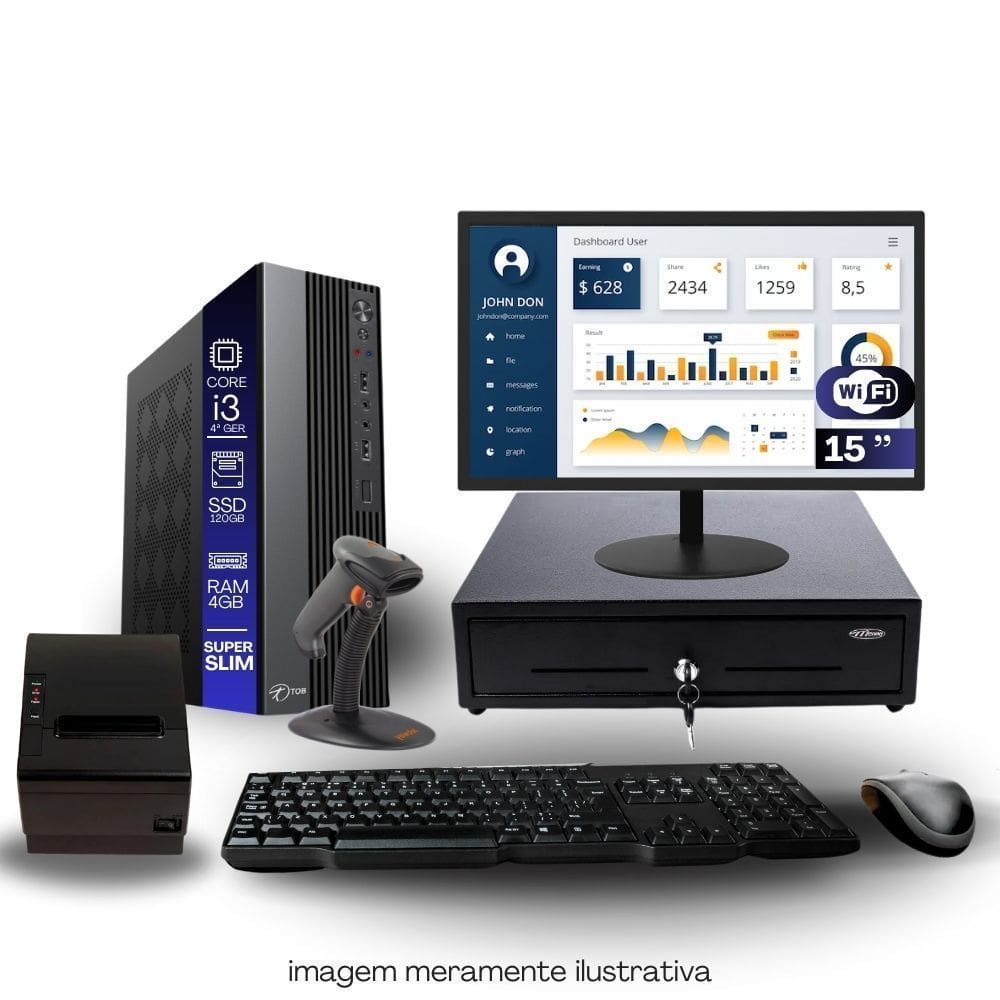 Kit Automação PDV TOB i3 4ªG 4GB SSD 120GB Win10 Rede S/Fio Teclado Mouse Monitor 15” Gvt. Dinheiro Imp. Térmica Leitor Cód Barras