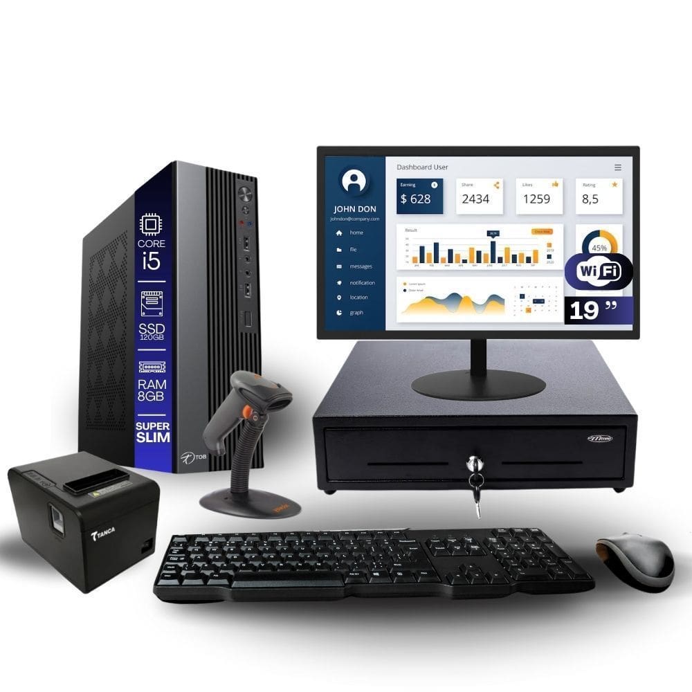 Kit Automação PDV TOB i5 8GB SSD 120GB Win10 Rede S/Fio Teclado Mouse Monitor 19” Gvt. Dinheiro  Imp. Térmica Leitor Cód Barras