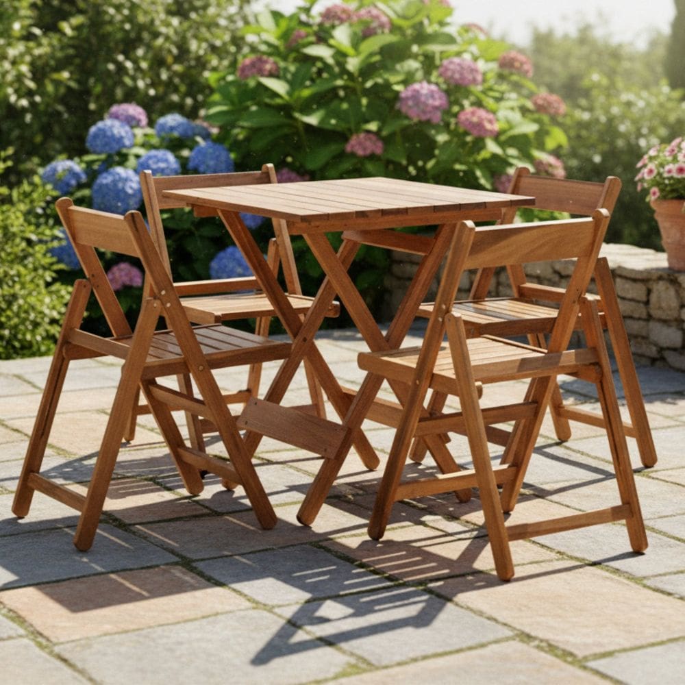 Conjunto de Mesa 70x70cm e 4 Cadeiras Dobráveis em Madeira Eucalipto Verniz Marrom