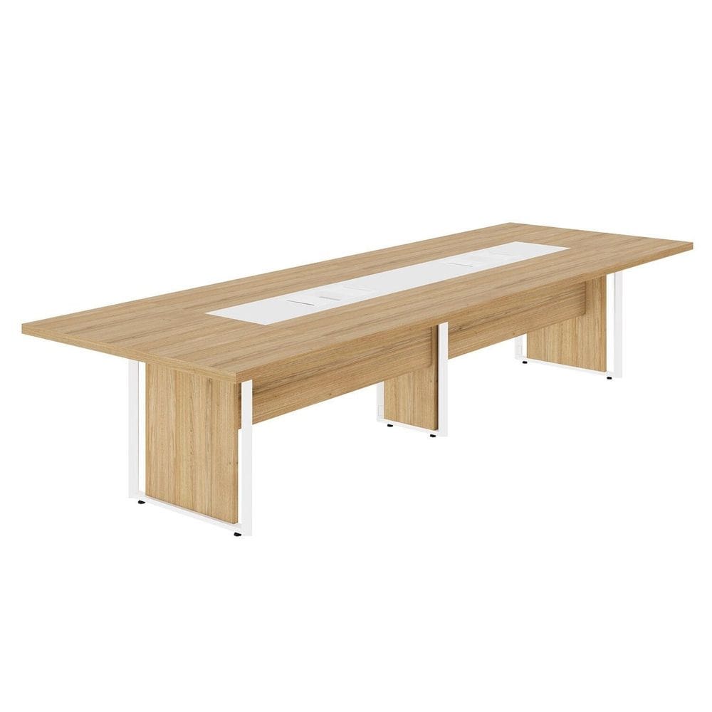 Mesa de Reunião 360m Corporativa 6 Pessoas com Caixa de Tomadas Corporate Macadâmia/Branco