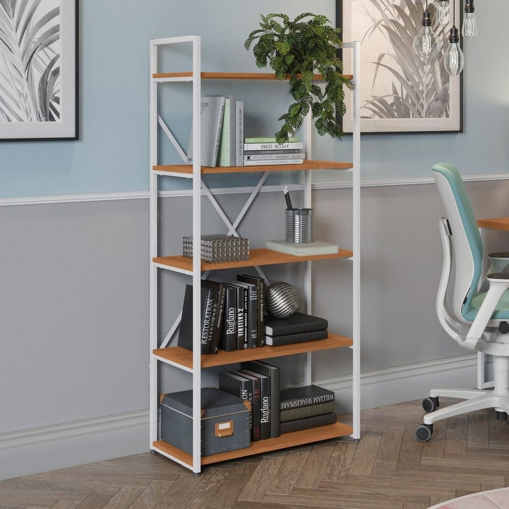Estante para Livros Alta 5 Prateleiras 150cm x 72cm Industrial Canela/Branco Brilho