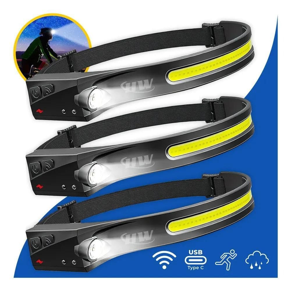 3X Kit 3 Lanternas De Cabeça Hw Led Recarregável Com Sensor
