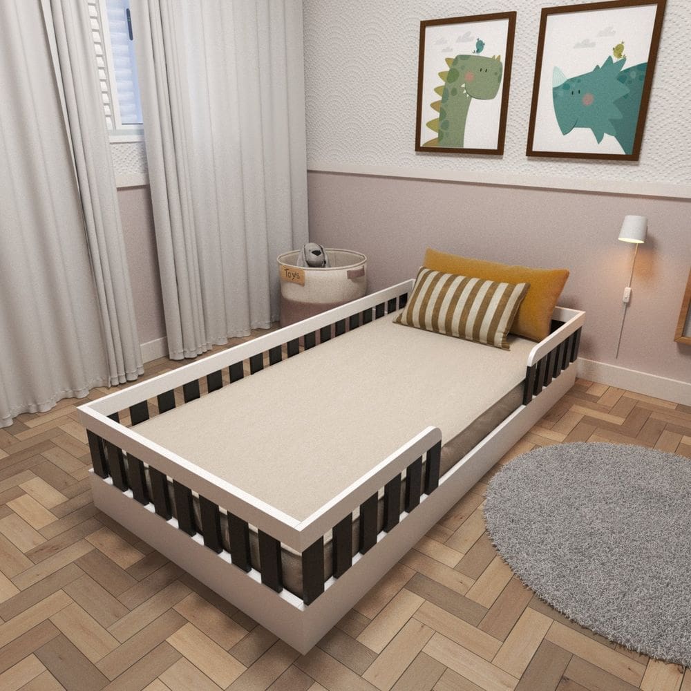 Cama Infantil Montessoriana Solteiro Sol Branco/Preto