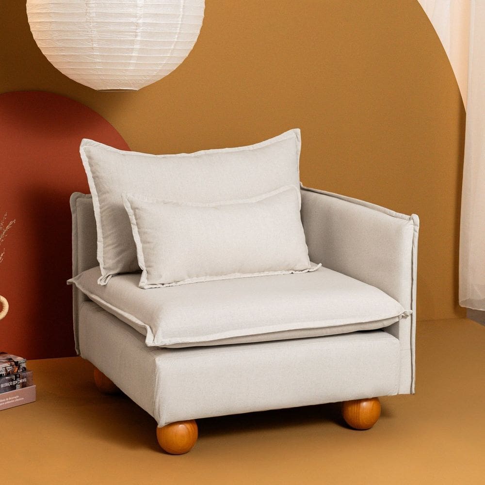 Sofá Modular Braço Lateral com Pé Bolinha Sôma Cabecasa Madeiramadeira Linho Natural