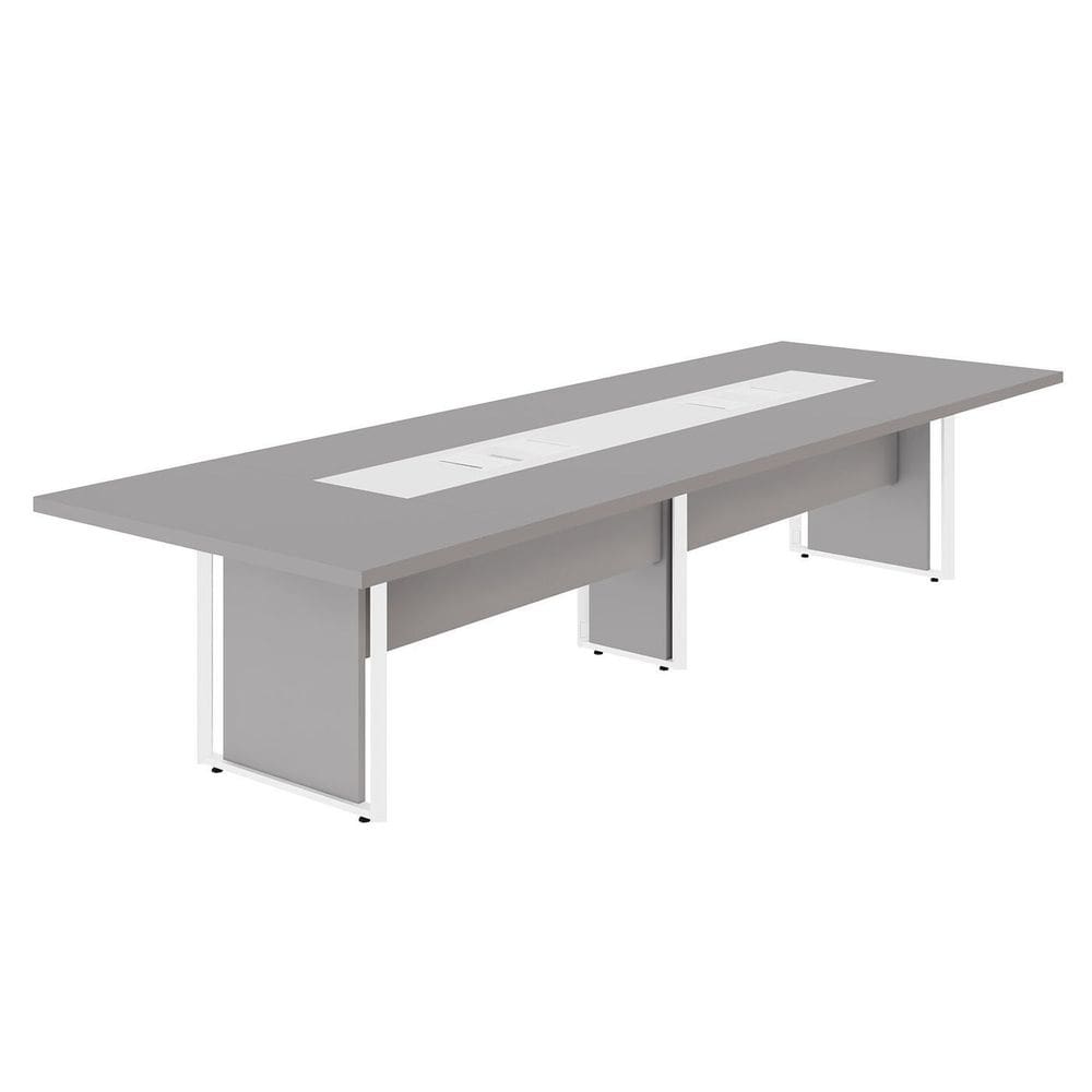 Mesa de Reunião 360cm Corporativa 6 Pessoas com Caixa de Tomadas Corporate Cinza Sagrado/ Branco