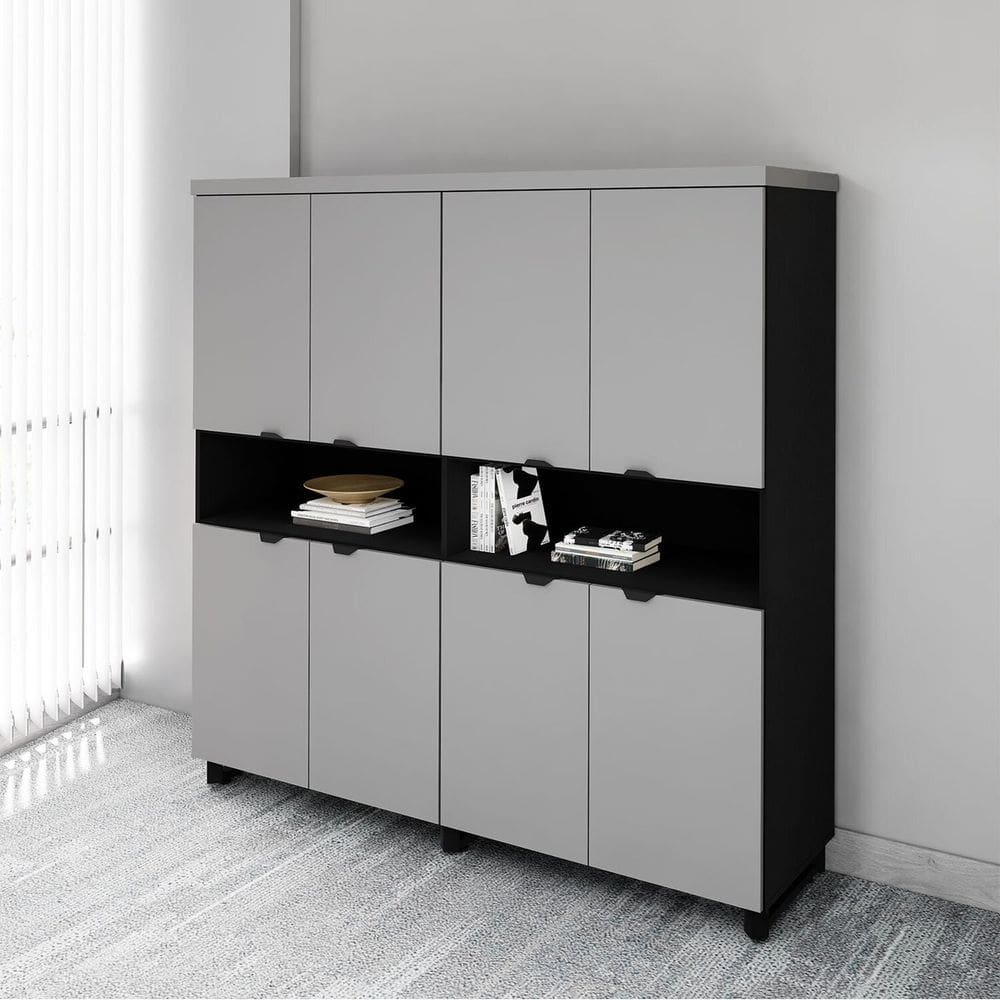 Armário Estante Para Escritório com 8 Portas de Abrir e 2 Nichos F5 Office Cinza Sagrado com Preto