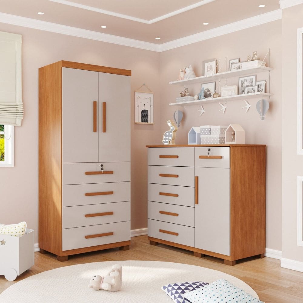 Quarto Infantil Guarda-Roupa 2 Portas 4 Gavetas e Cômoda 1 Porta 6 Gavetas Anne Espresso Móveis Cinamomo / Off White