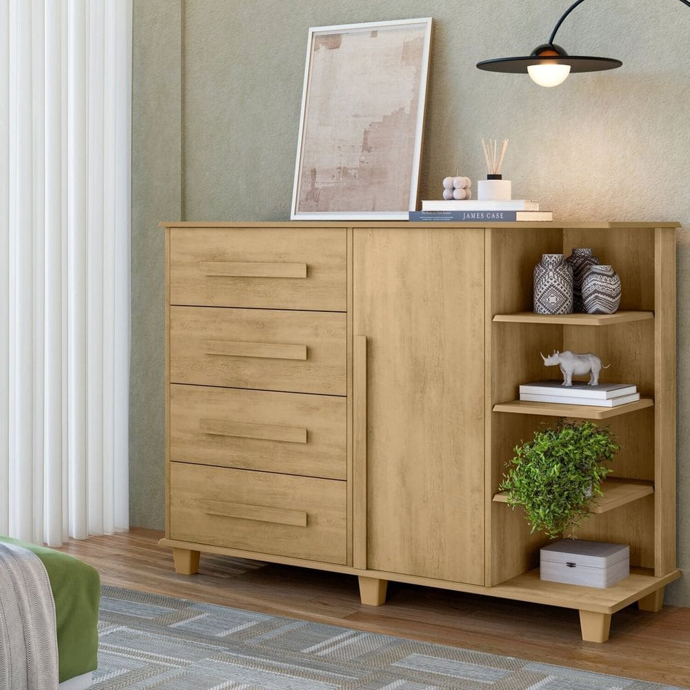 Cômoda 4 Gavetas com 1 Porta e Nichos Laterais Andorra Cinamomo