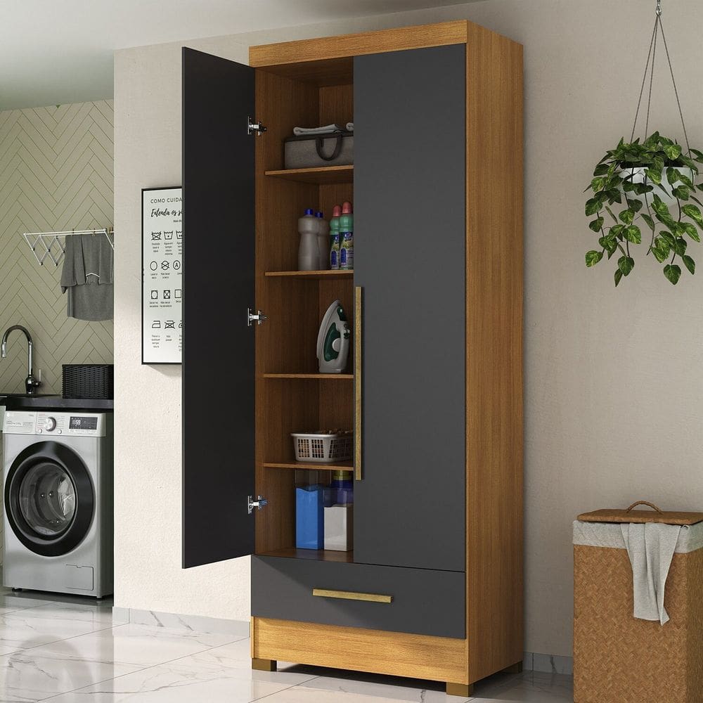 Armário Multiuso 2 Portas 1 Gaveta Smart Espresso Móveis Cinamomo/Cinza