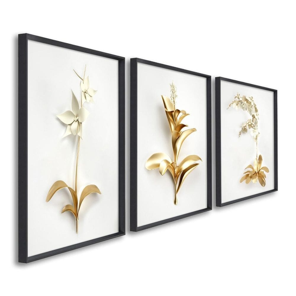 Quadros Decorativos Floral Delicado 3 Telas 60x90cm para Sala Quarto Lavabo Preto