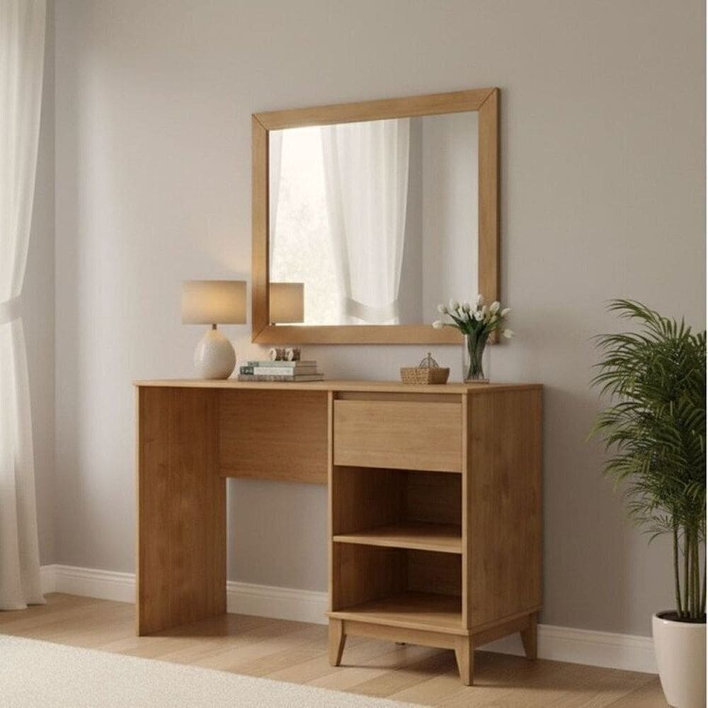 Conjunto Escrivaninha + Moldura com Espelho – Madeira Maciça e Mdf - Linha Prata Finestra Móveis Freijó