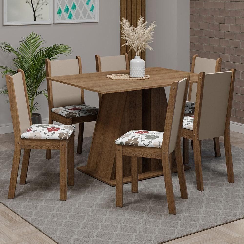 Conjunto Sala De Jantar Mesa Tampo De Madeira 6 Cadeiras Rustic/hibiscos Wendy Madesa