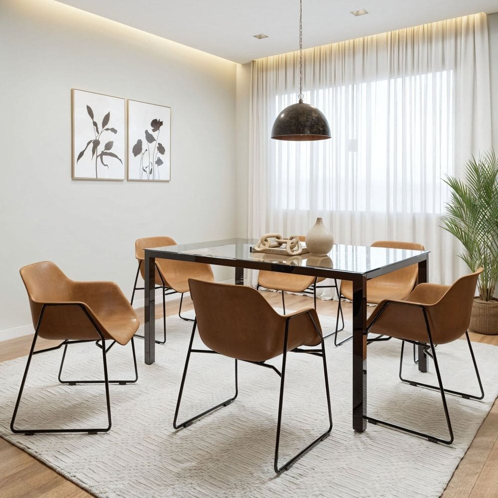 Conjunto Mesa de Jantar Retangular Tampo de Vidro 160cm x 75cm Smart com 6 Cadeiras Lodelô Preto/Pinus