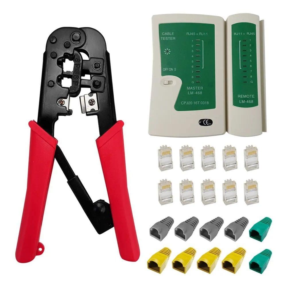 10X Alicate Crimpar Rj45 Com Catraca + Testador De Cabo + 10