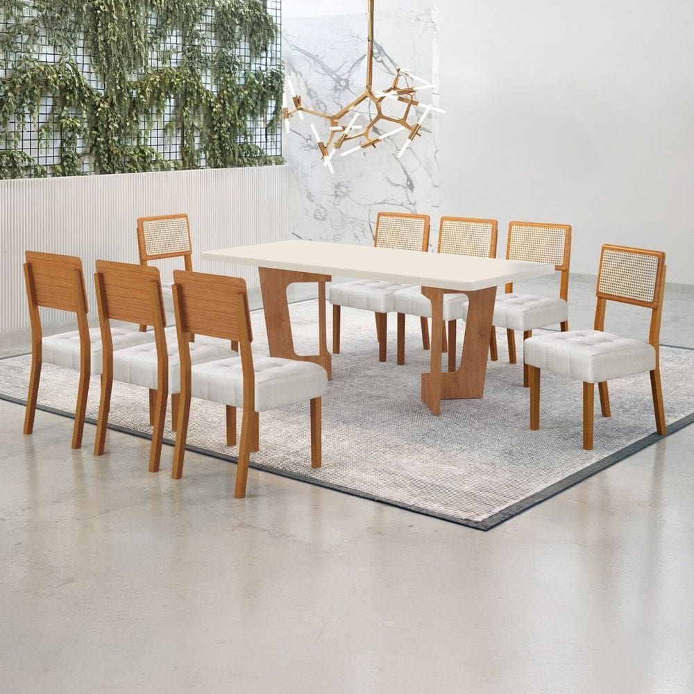 Conjunto Sala de Jantar Mesa 180cm com 8 Cadeiras Liz Cinamomo/Off White