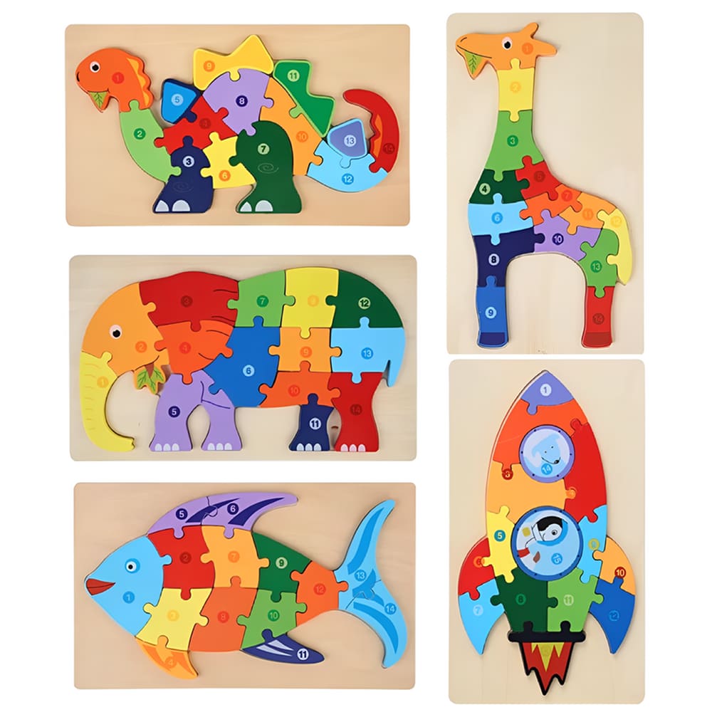 Kit 5 Quebra-Cabeças de Madeira 3D Infantil Educativo e Lúdico