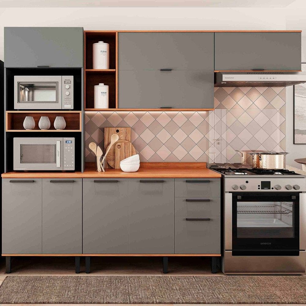 Armário de Cozinha Completa Castanha 2700mm Torre Quente e Balcão Cinza/Freijó
