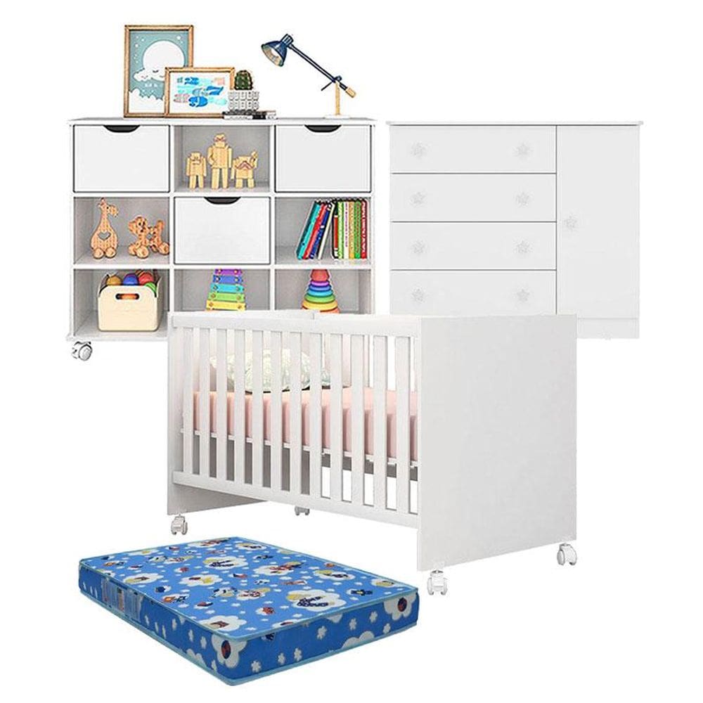 Berço Americano Doce Sonho 100 com Rodízios e Cômoda 2561 com Nicho Organizador 3 Gavetas Branco Brilho com Colchão Tend Tudo - Qmovi